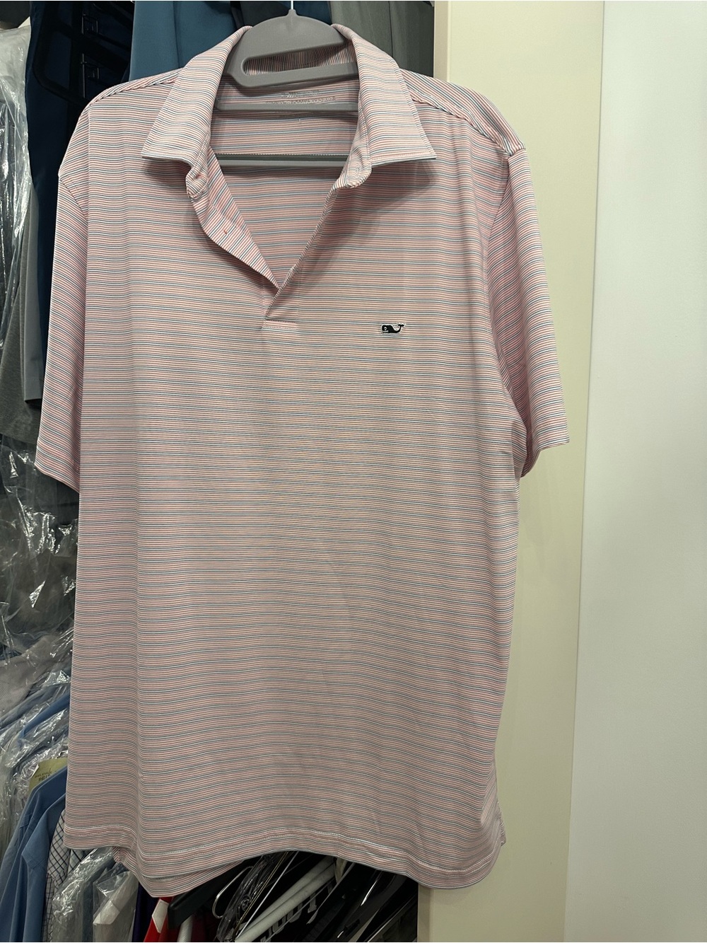 Vineyard Vines Pink and Light Blue Thin-Striped Polo. Size L